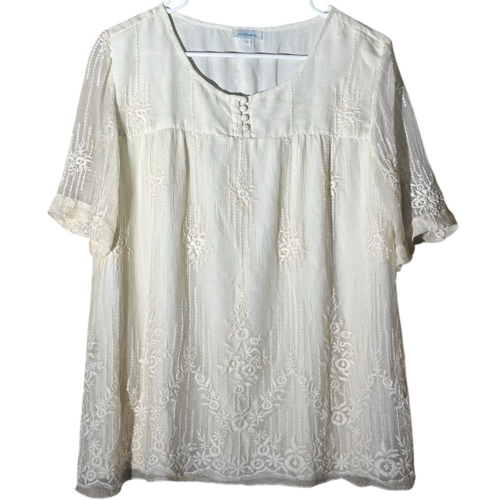 Sundance Cream Lace Boho Semi Sheer Overlay Blouse Size Large
